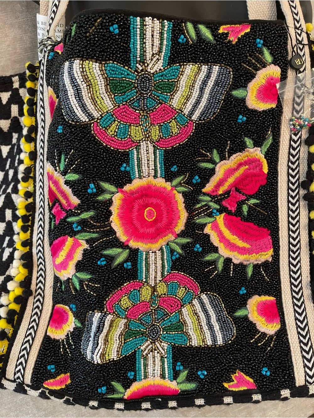 NWT America and Beyond Embroidered Black Floral Tote Bag with Accent Pom Trim - Picture 13 of 15